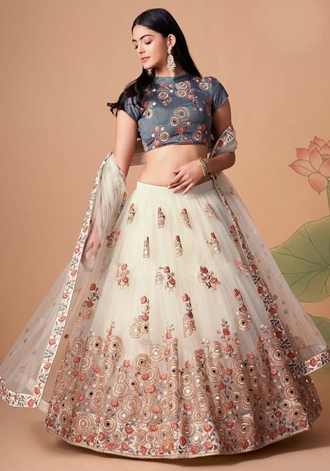 Off White Embroidered Soft Net Lehenga Set