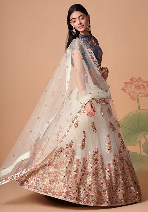Off White Embroidered Soft Net Lehenga Set