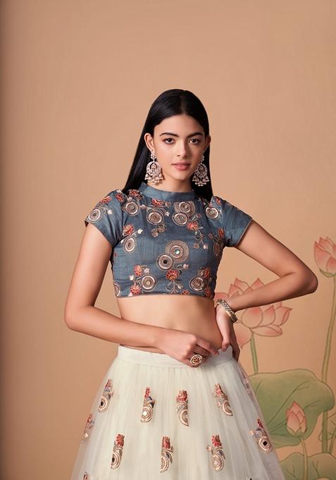 Off White Embroidered Soft Net Lehenga Set