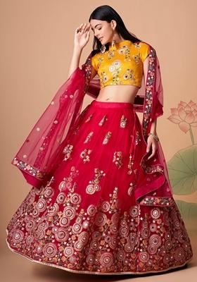 Rani Pink Embroidered Soft Net Lehenga Set