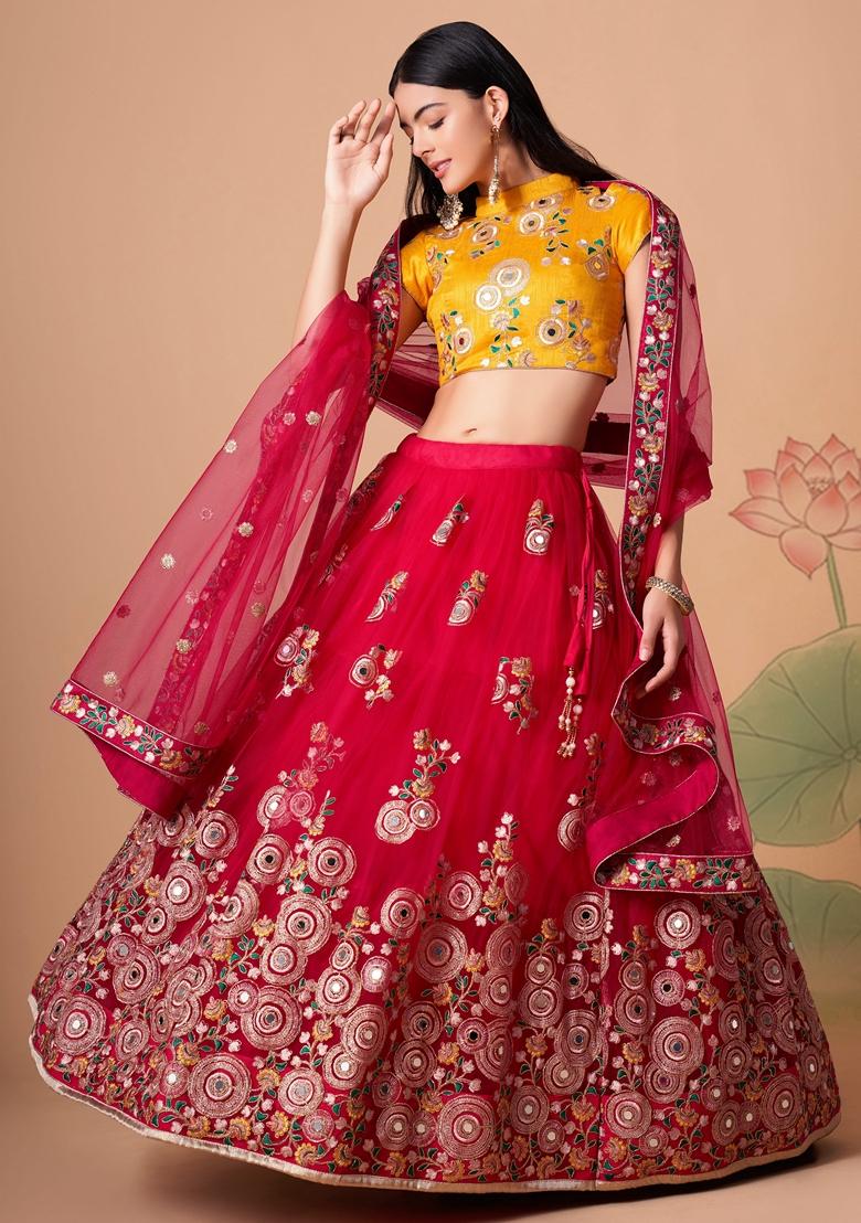 Rani Pink Embroidered Soft Net Lehenga Set