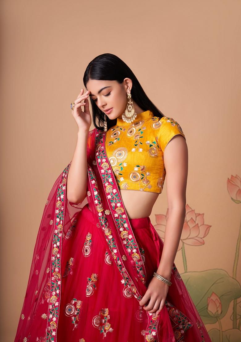 Rani Pink Embroidered Soft Net Lehenga Set