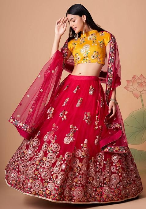 Rani Pink Embroidered Soft Net Lehenga Set