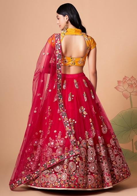 Rani Pink Embroidered Soft Net Lehenga Set