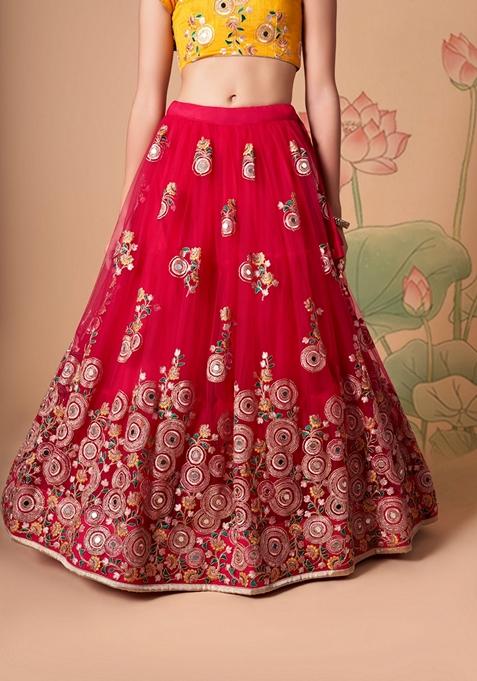 Rani Pink Embroidered Soft Net Lehenga Set