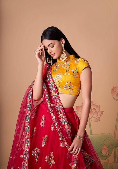Rani Pink Embroidered Soft Net Lehenga Set