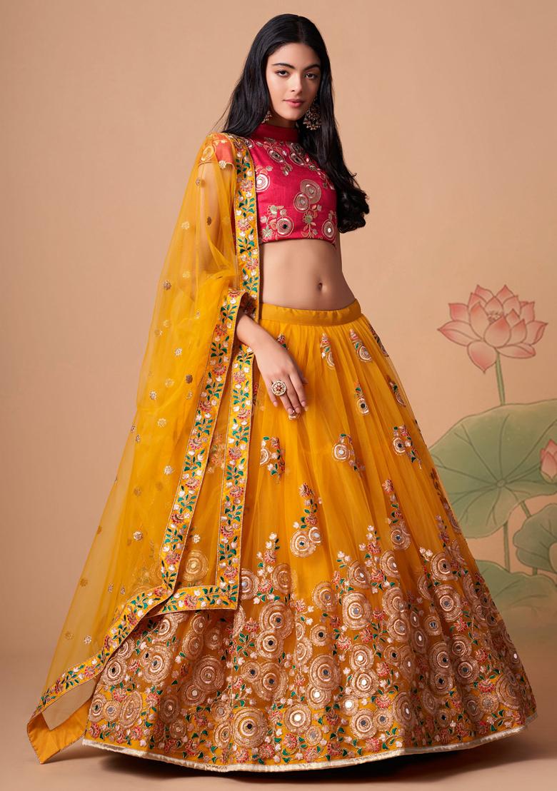 Yellow Embroidered Soft Net Lehenga Set