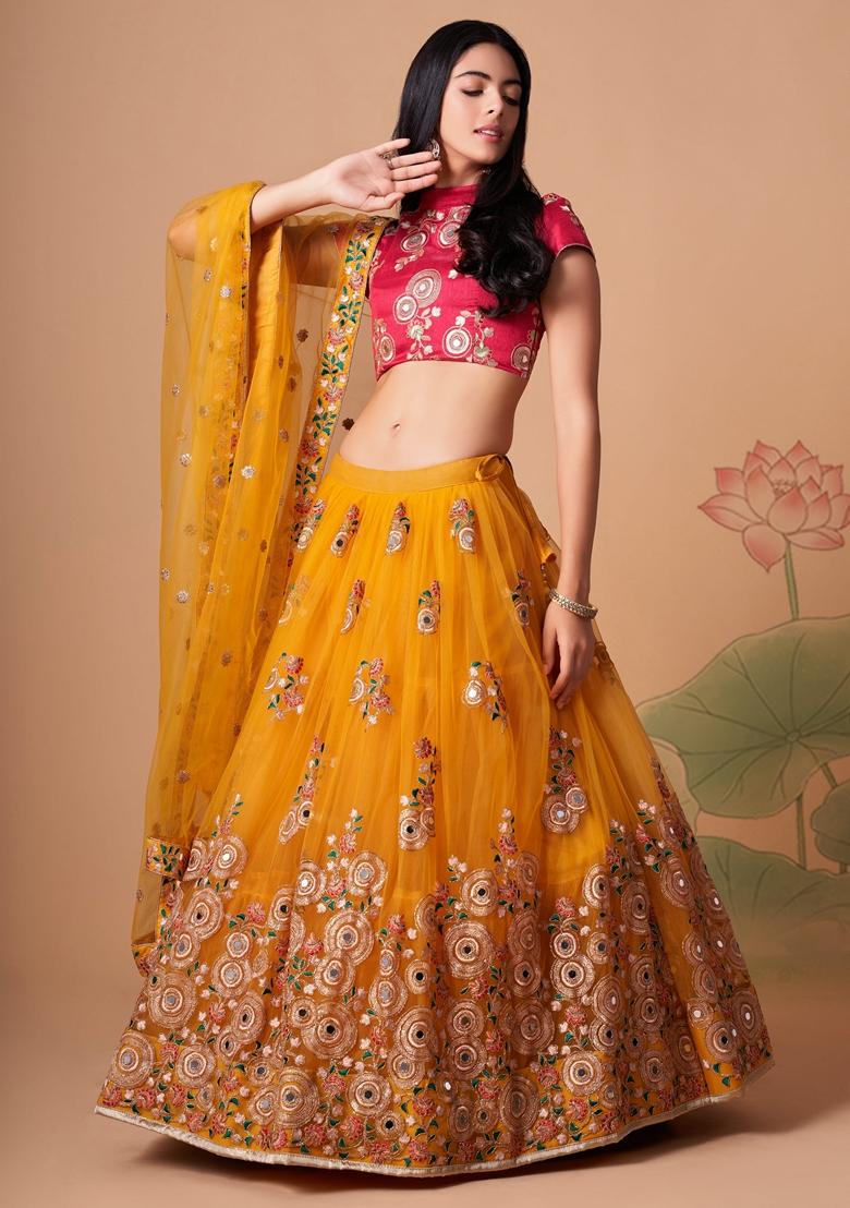 Yellow Embroidered Soft Net Lehenga Set
