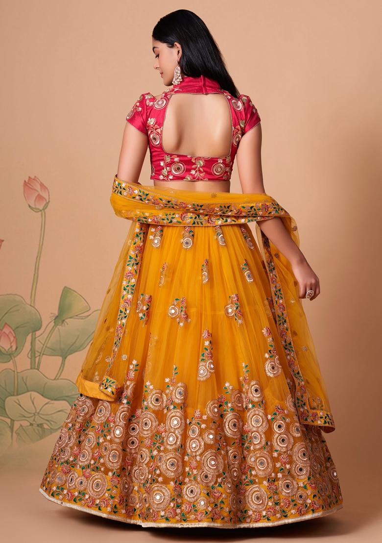 Yellow Embroidered Soft Net Lehenga Set