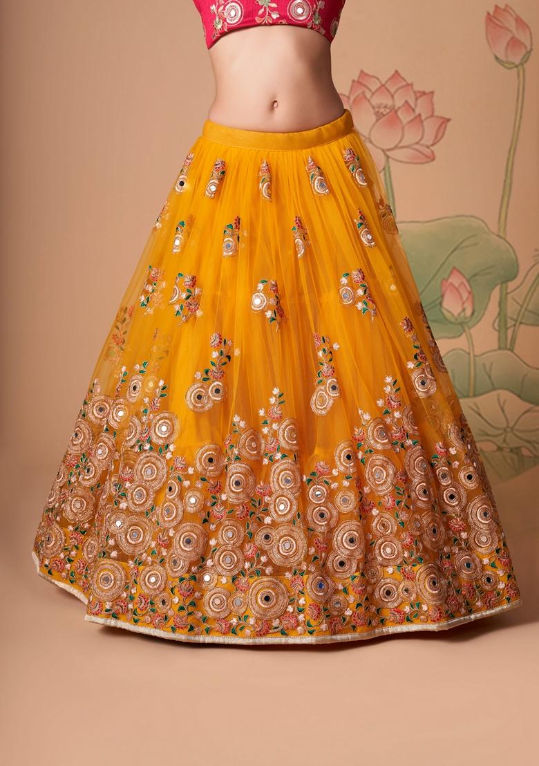 Yellow Embroidered Soft Net Lehenga Set