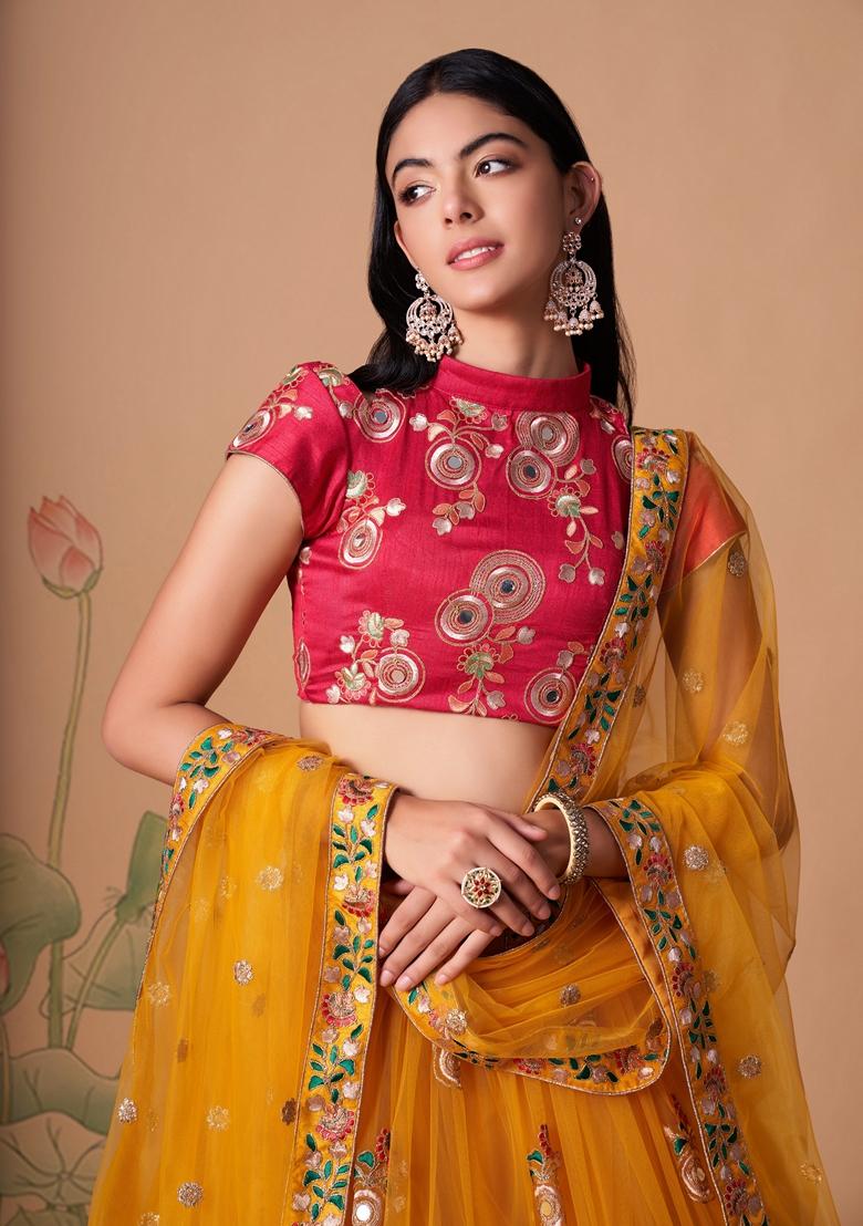 Yellow Embroidered Soft Net Lehenga Set
