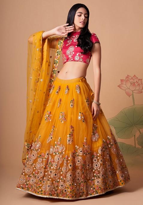 Yellow Embroidered Soft Net Lehenga Set