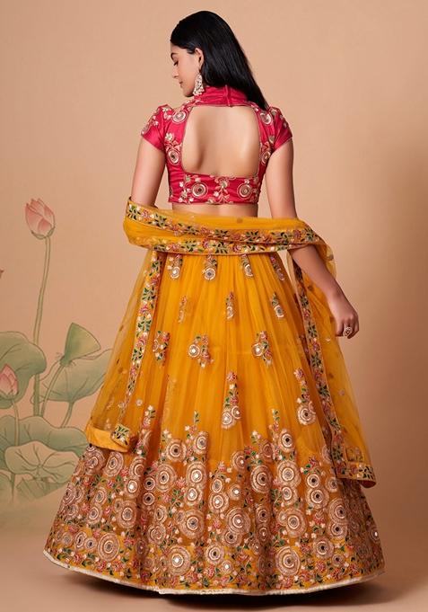 Yellow Embroidered Soft Net Lehenga Set