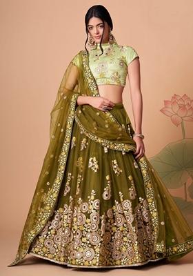 Mehendi Green Embroidered Soft Net Lehenga Set