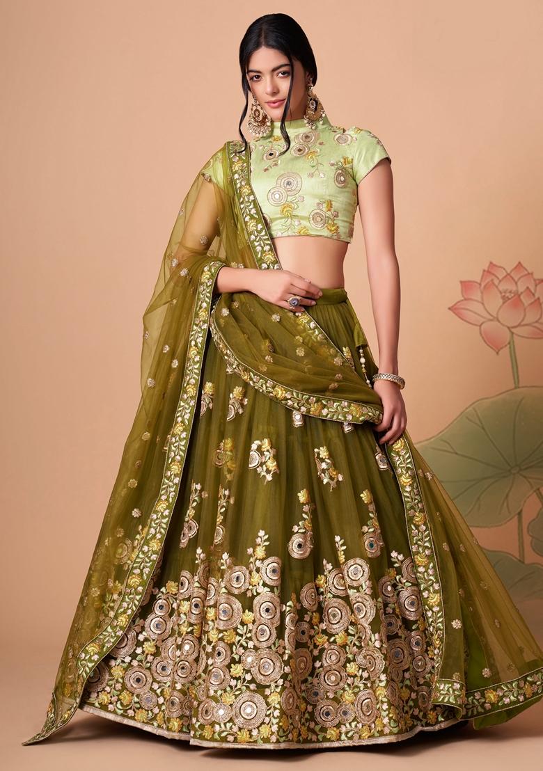 Mehendi Green Embroidered Soft Net Lehenga Set