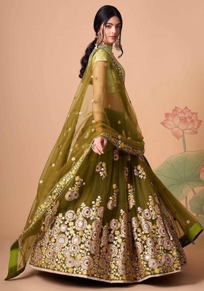 Mehendi Green Embroidered Soft Net Lehenga Set