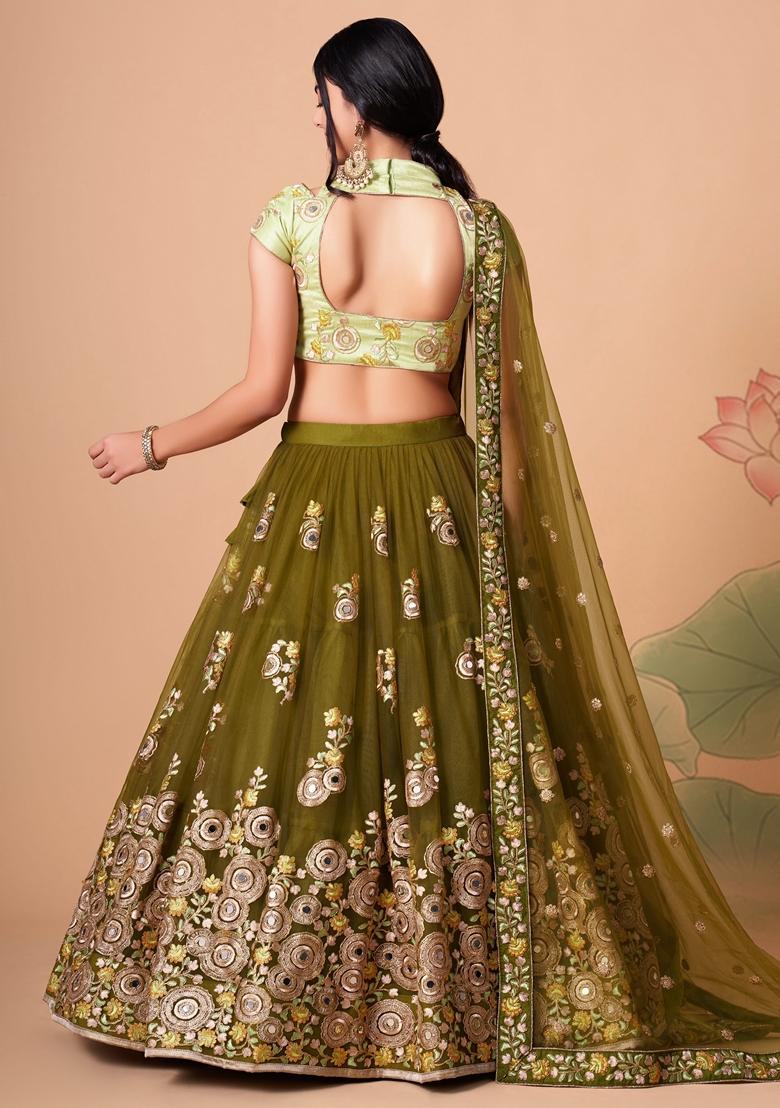 Mehendi Green Embroidered Soft Net Lehenga Set