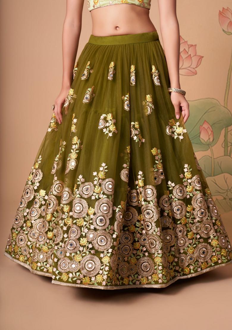 Mehendi Green Embroidered Soft Net Lehenga Set