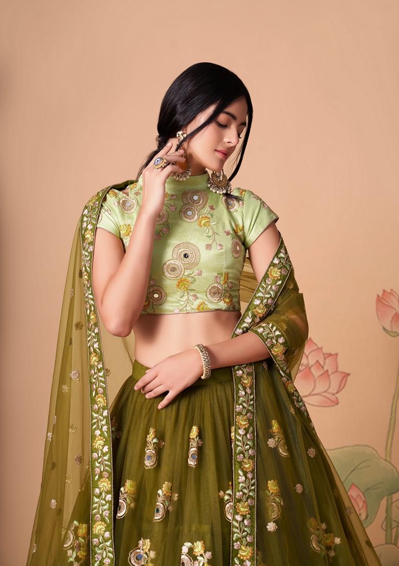 Mehendi Green Embroidered Soft Net Lehenga Set
