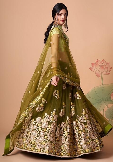 Mehendi Green Embroidered Soft Net Lehenga Set