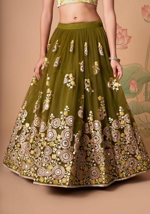Mehendi Green Embroidered Soft Net Lehenga Set