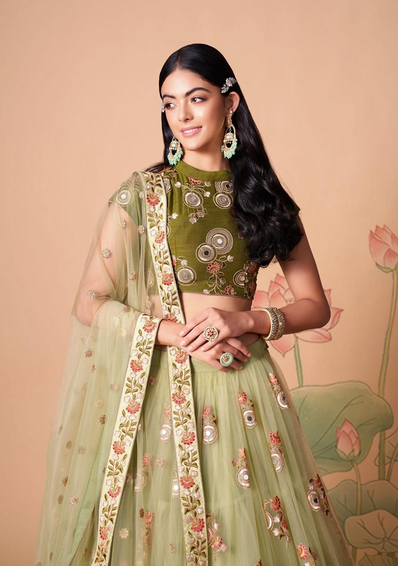 Pista Green Embroidered Soft Net Lehenga Set