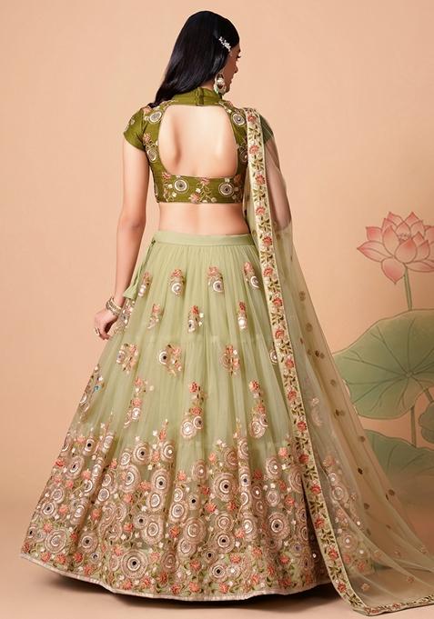 Pista Green Embroidered Soft Net Lehenga Set