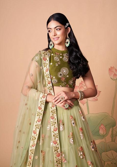 Pista Green Embroidered Soft Net Lehenga Set