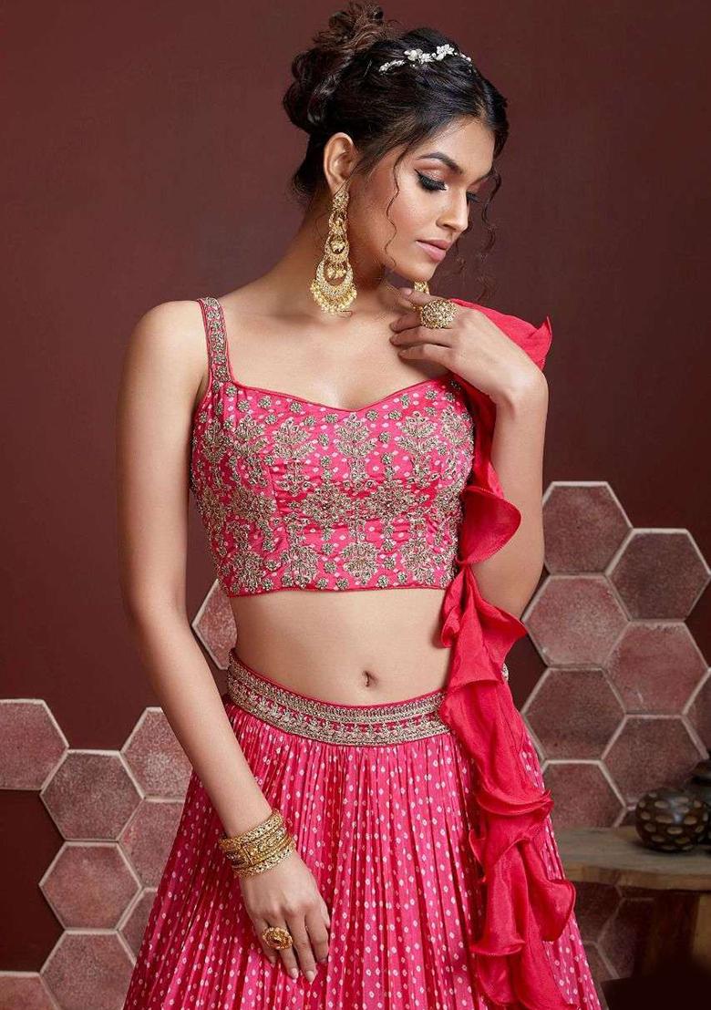 Pink Embroidered Chinon Silk Lehenga Set
