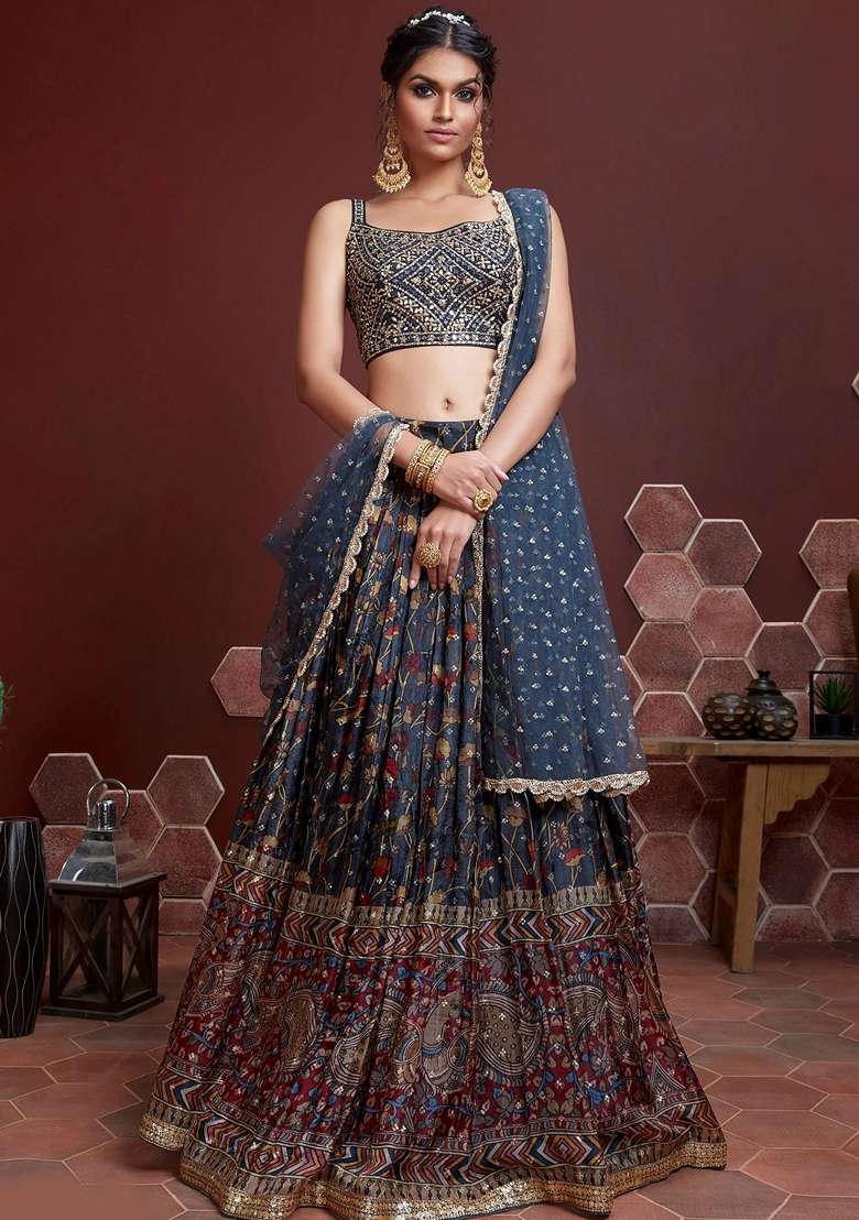 Blue Chinon Silk Blend Lehenga Set with Embroidered for Diwali | Wedding & Festive Wear - Indya