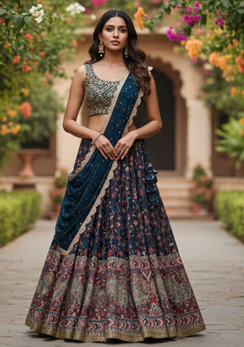 Blue Chinon Silk Blend Lehenga Set with Embroidered for Diwali | Wedding & Festive Wear - Indya