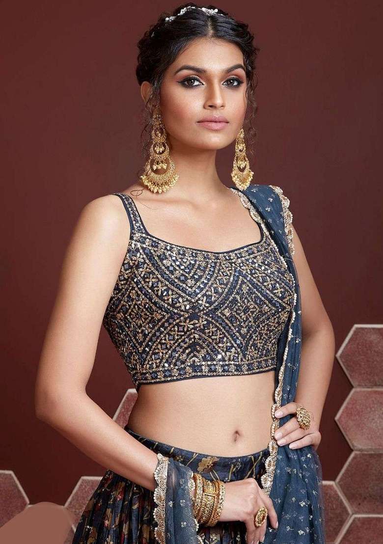Blue Chinon Silk Blend Lehenga Set with Embroidered for Diwali | Wedding & Festive Wear - Indya