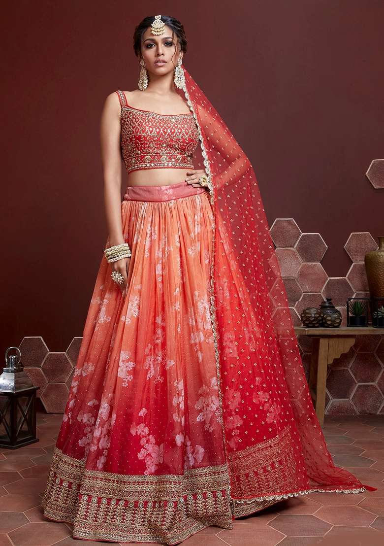 Orange Organza Silk Blend Lehenga Set with Embroidered for Diwali | Wedding & Festive Wear - Indya
