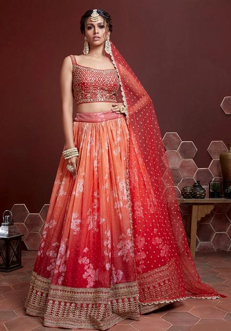 Orange Embroidered Organza Silk Lehenga Set