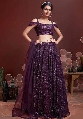 Purple Embroidered Soft Net Lehenga Set