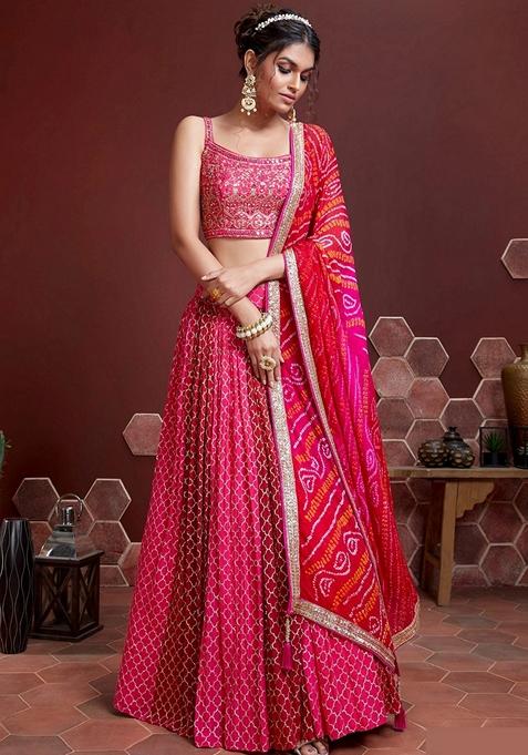 Pink Embroidered Chinon Silk Lehenga Set