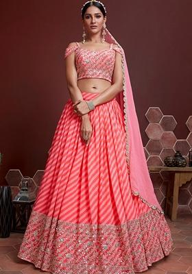 Peach Embroidered Organza Silk Lehenga Set