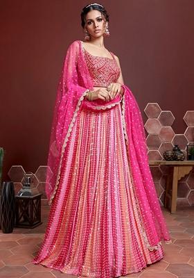 Pink Embroidered Chinon Silk Lehenga Set