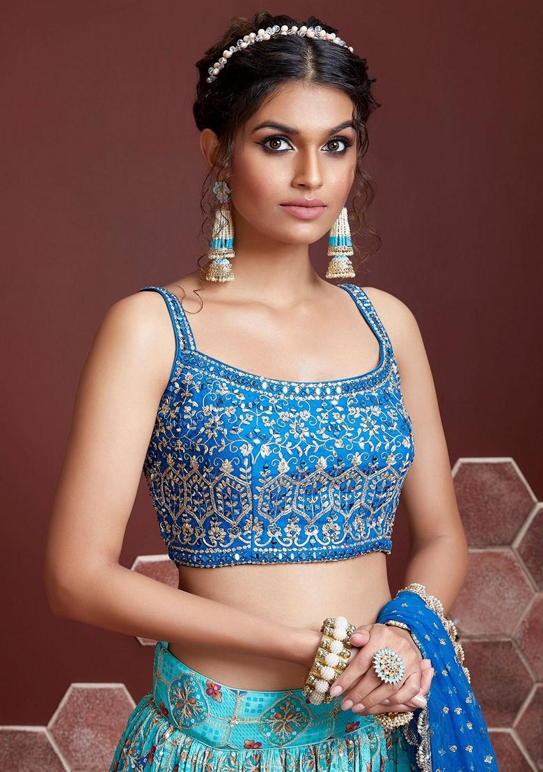 Sky Blue Embroidered Chinon Silk Lehenga Set