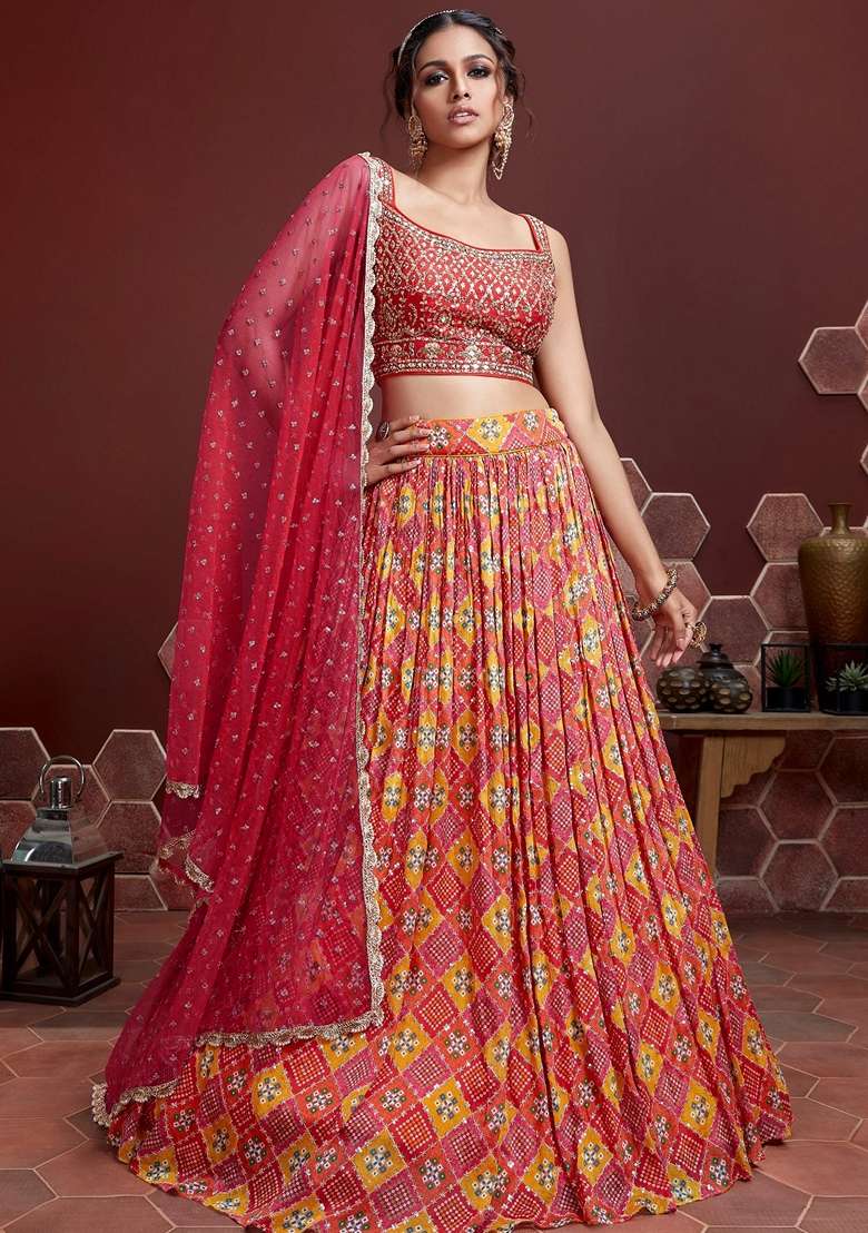 Red Embroidered Chinon Silk Blend Chaniya Choli Set For Navratri And Garba for Diwali | Wedding & Festive Wear - Indya