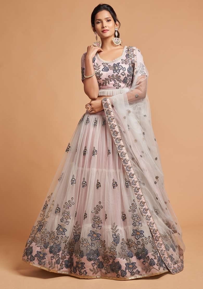 Grey Soft Net Lehenga Set with Embroidered for Diwali | Wedding & Festive Wear - Indya