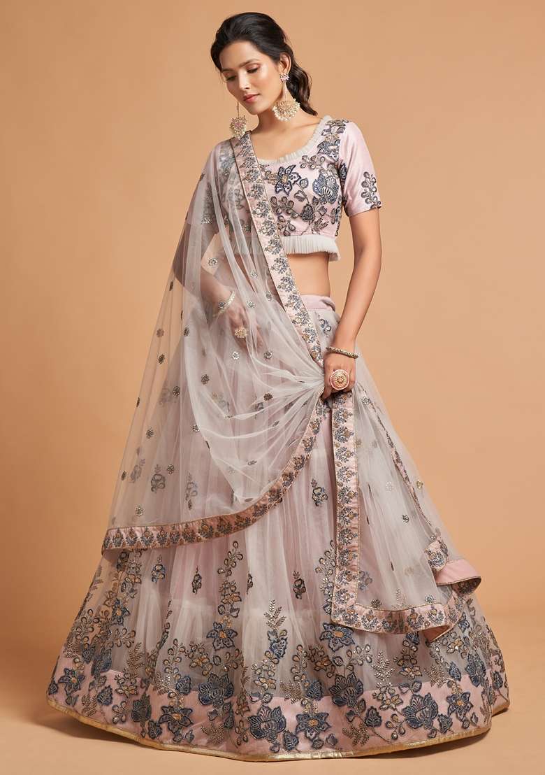 Grey Soft Net Lehenga Set with Embroidered for Diwali | Wedding & Festive Wear - Indya