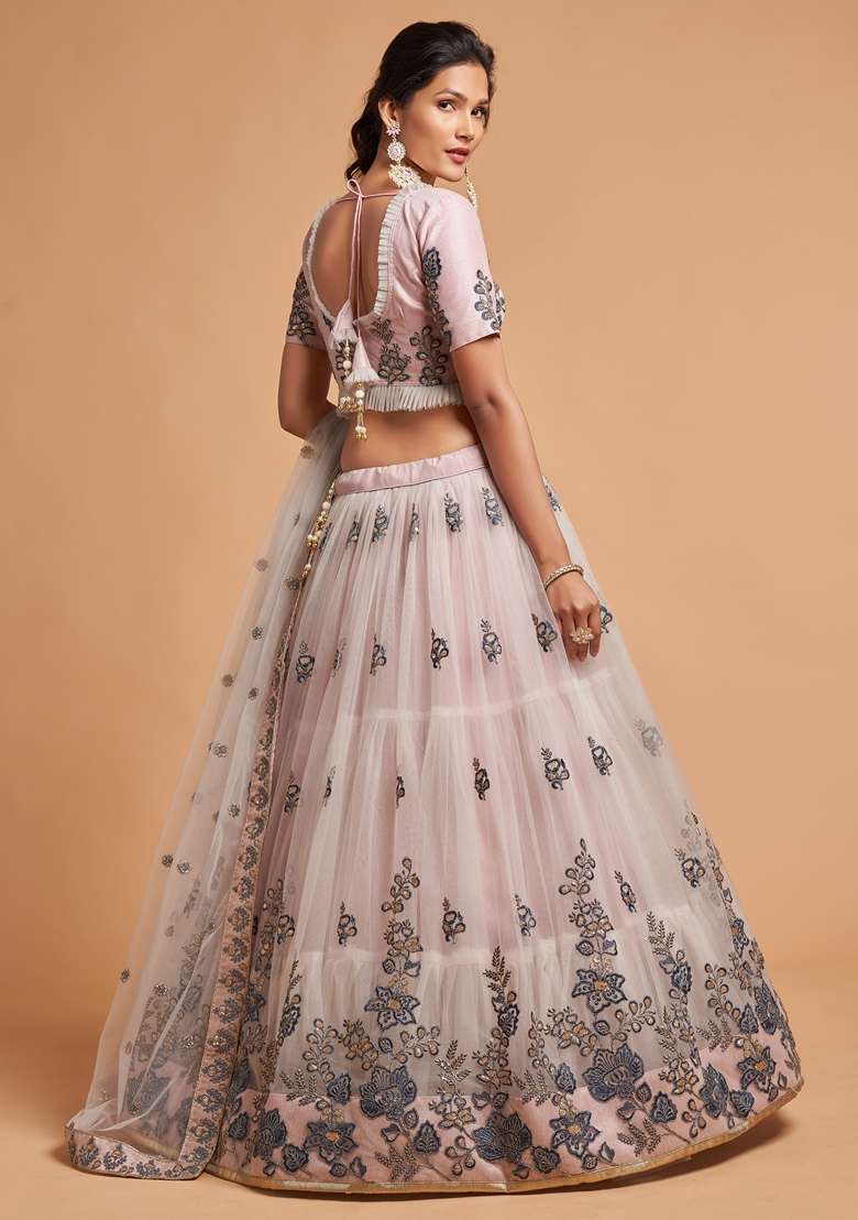 Grey Soft Net Lehenga Set with Embroidered for Diwali | Wedding & Festive Wear - Indya
