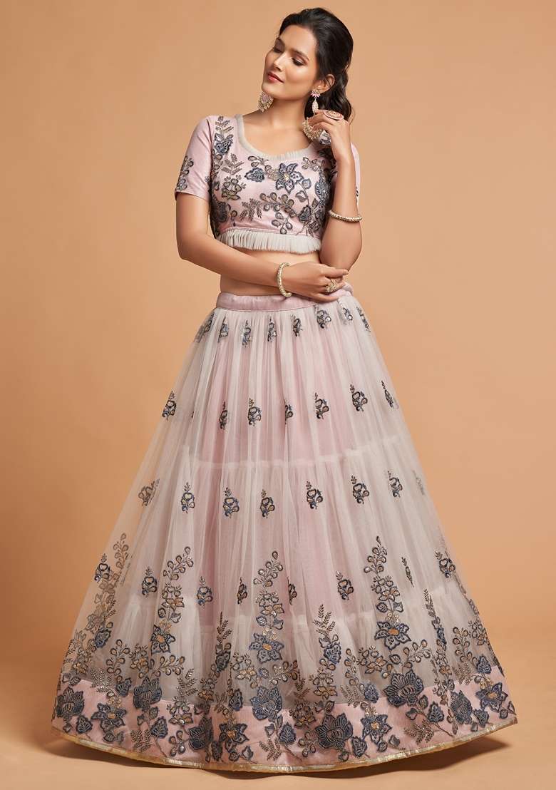 Grey Soft Net Lehenga Set with Embroidered for Diwali | Wedding & Festive Wear - Indya