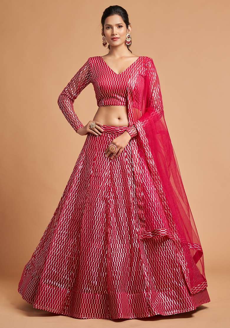 Hot Pink Embroidered Soft Net Lehenga Set for Diwali and Festive Wear - Indya