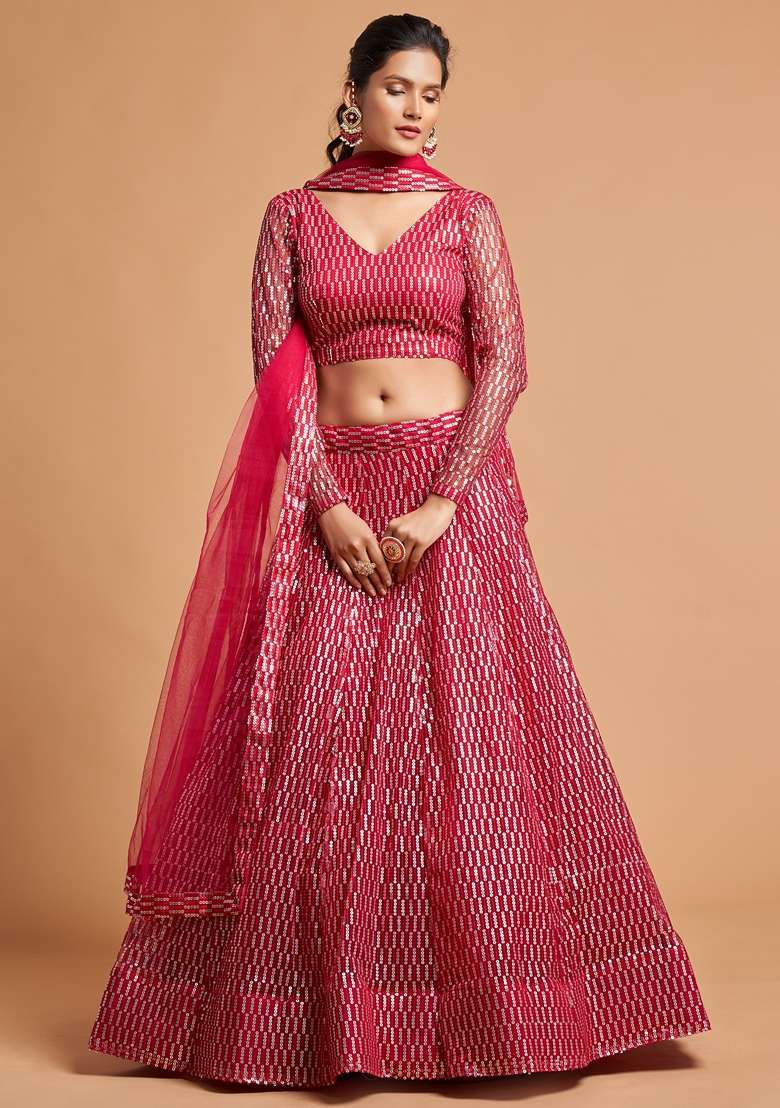 Hot Pink Embroidered Soft Net Lehenga Set for Diwali and Festive Wear - Indya
