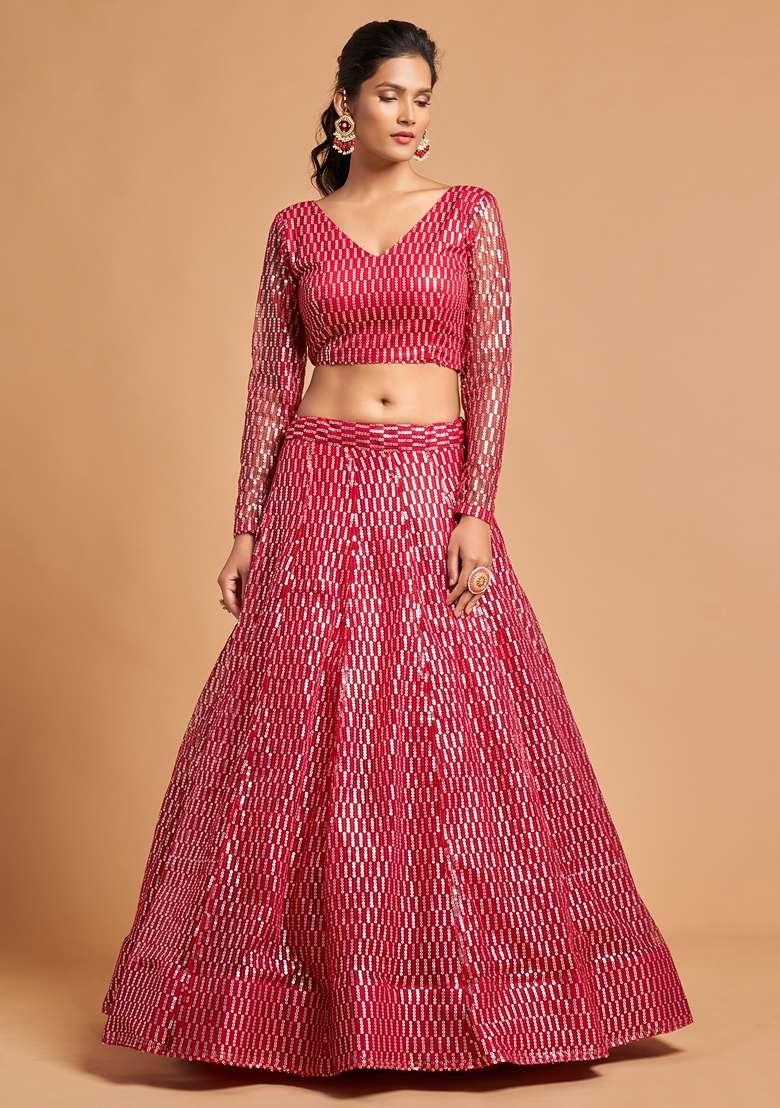 Hot Pink Embroidered Soft Net Lehenga Set for Diwali and Festive Wear - Indya