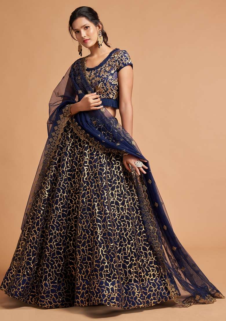 Navy Blue Soft Net Lehenga Set with Embroidered for Diwali | Wedding & Festive Wear - Indya