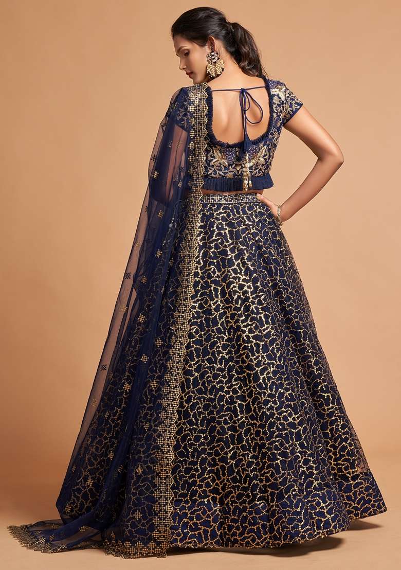 Navy Blue Soft Net Lehenga Set with Embroidered for Diwali | Wedding & Festive Wear - Indya