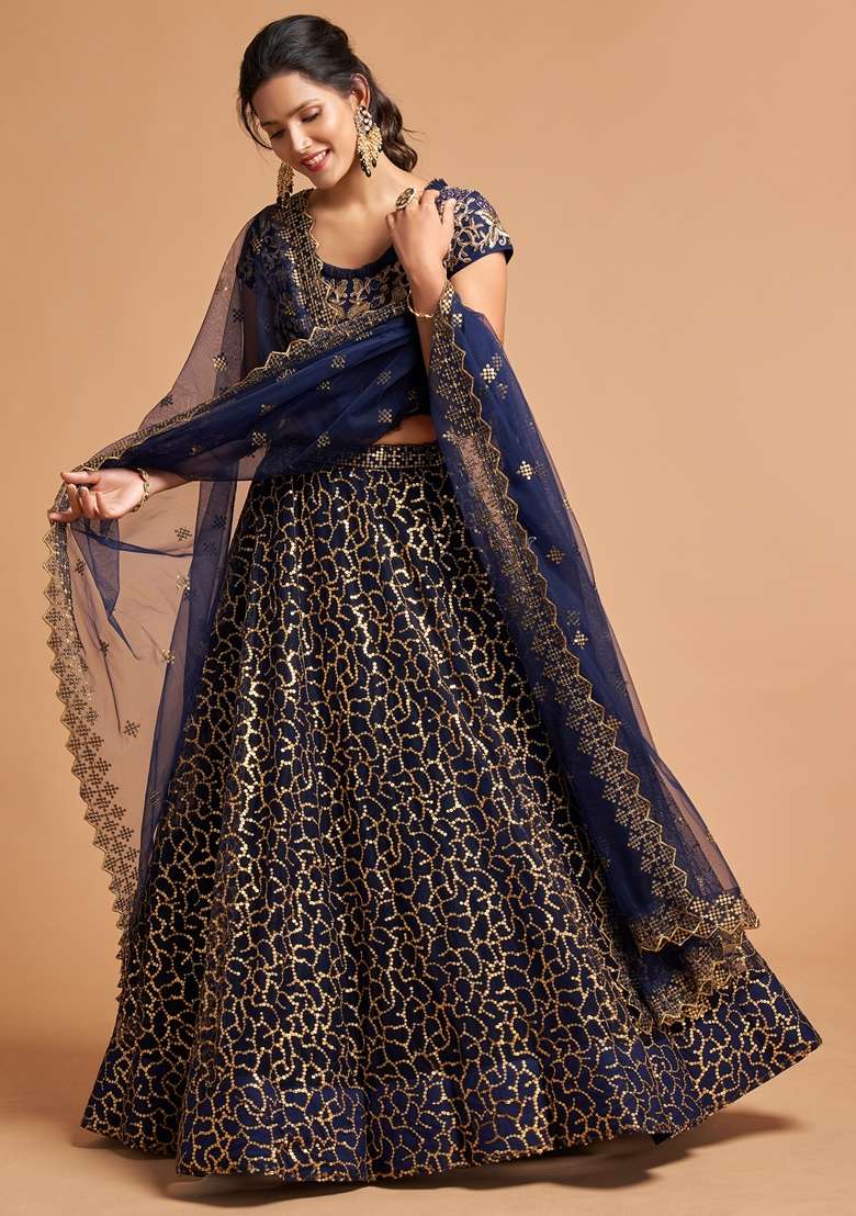 Navy Blue Soft Net Lehenga Set with Embroidered for Diwali | Wedding & Festive Wear - Indya